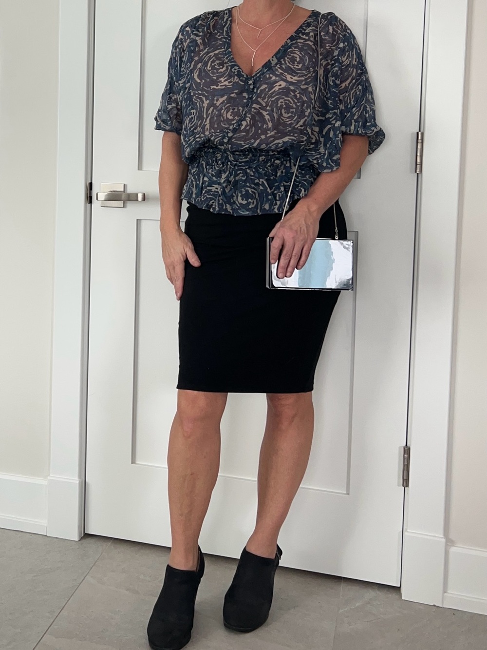 Navy and Beige Floral Print Chiffon Blouse
